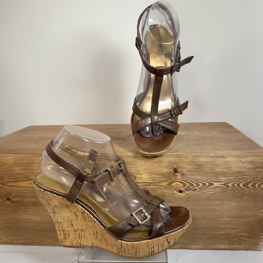 Retro Cork Wedge T-Strap Platform Sandals 8-8. 5 Brown Boho Festival Y2K Retro